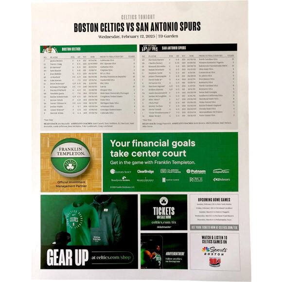 Boston Celtics v San Antonio Spurs 2/12/25 Wembanyama Roster Lineup Poster - Picture 2 of 10
